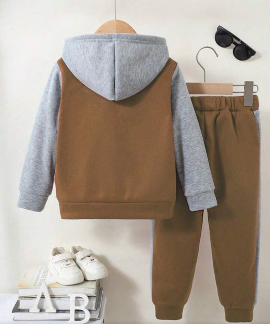 2pcs"A" Letter Graphic Button Contrast Color Sweatshirt + Patchwork Pants Set, Autumn/Winter