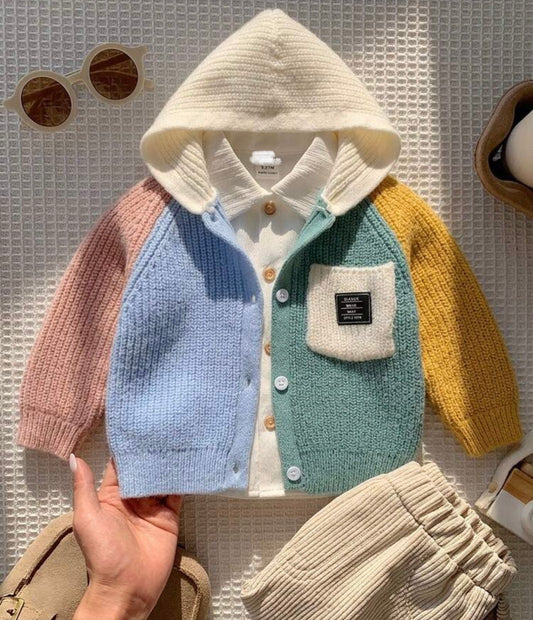 Autumn/Winter Colorful Colorblock Patchwork Knit Hooded Cardigan Sweater