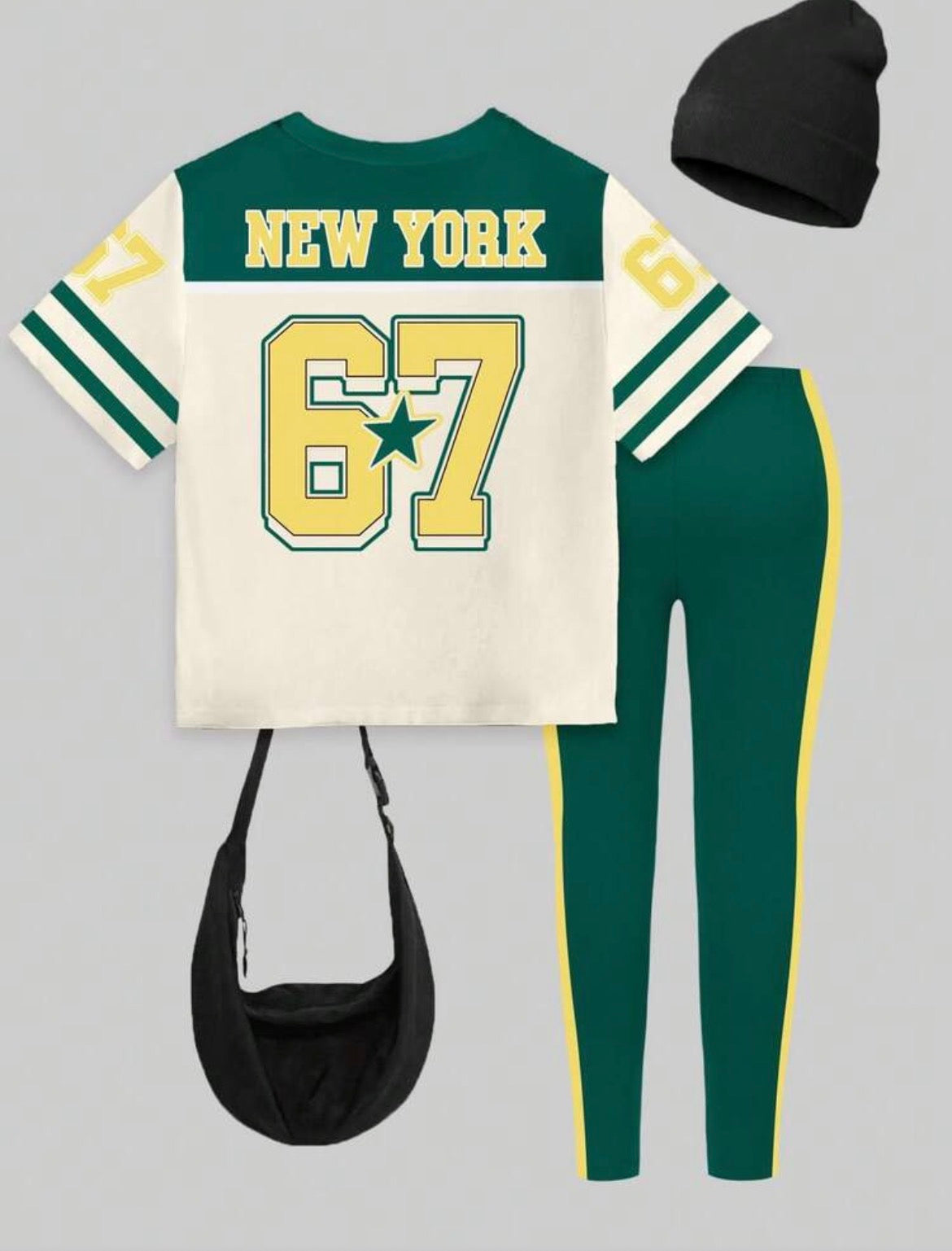New York 67 Badge Stripe Green Yellow Color Block Letter Slogan Graphic Print Short T-Shirt And Leggings Set