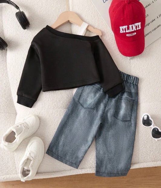 Oblique Shoulder Long Sleeve Sweatshirt And Pants 2-Piece Se