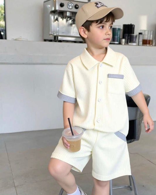 2pcs/Set Textured Fabric Contrast Color Cardigan Shirt & Shorts Set