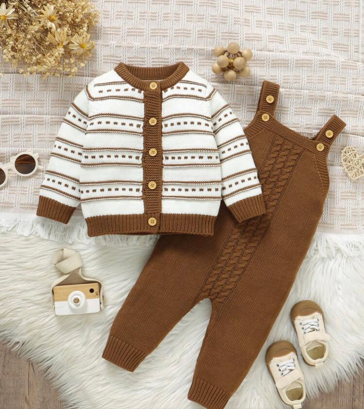 2pcs Knit Sweater Set,Brown And White Polka Dot
