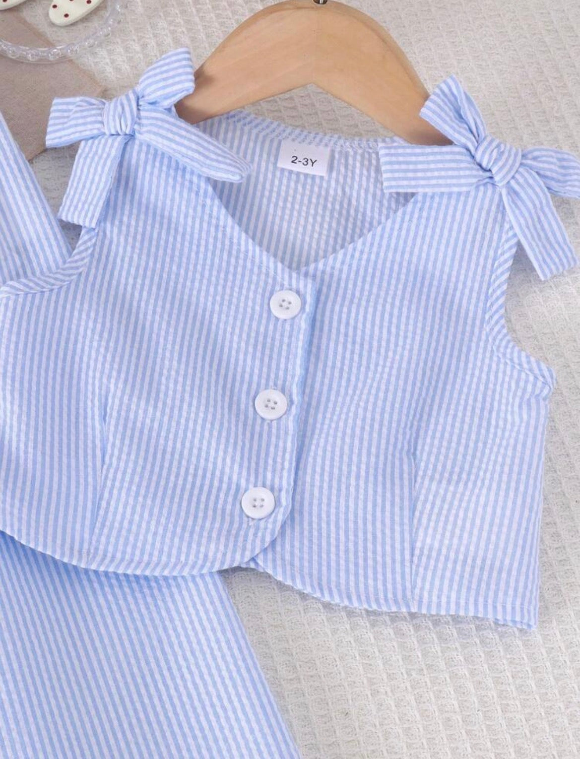 2pcs Blue Striped Pony Vest Cardigan And Pants Set
