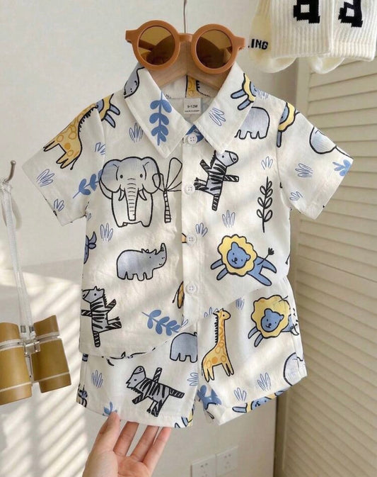 Tropical Plant Pattern Short Sleeve Shirt & Elastic Waist Shorts