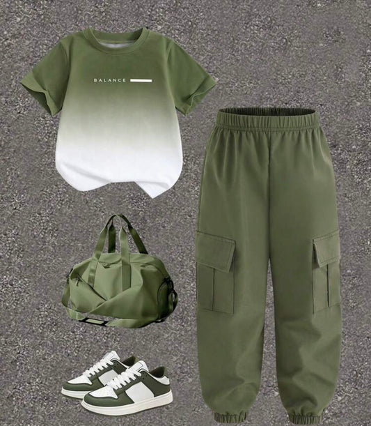 Gradient Color  Printed Round Neck T-Shirt & Cargo Pants