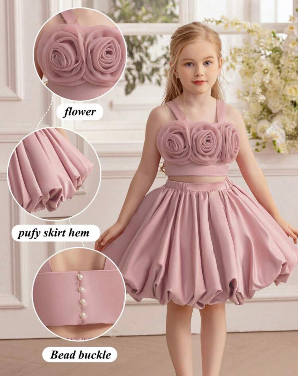 2pcs/Set Floral Embroidered Pink Spaghetti Strap Dress