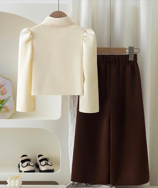 Off‑White Top With Big Brown Bow + Coffee Wide‑Leg Pants 2‑Piece Suit