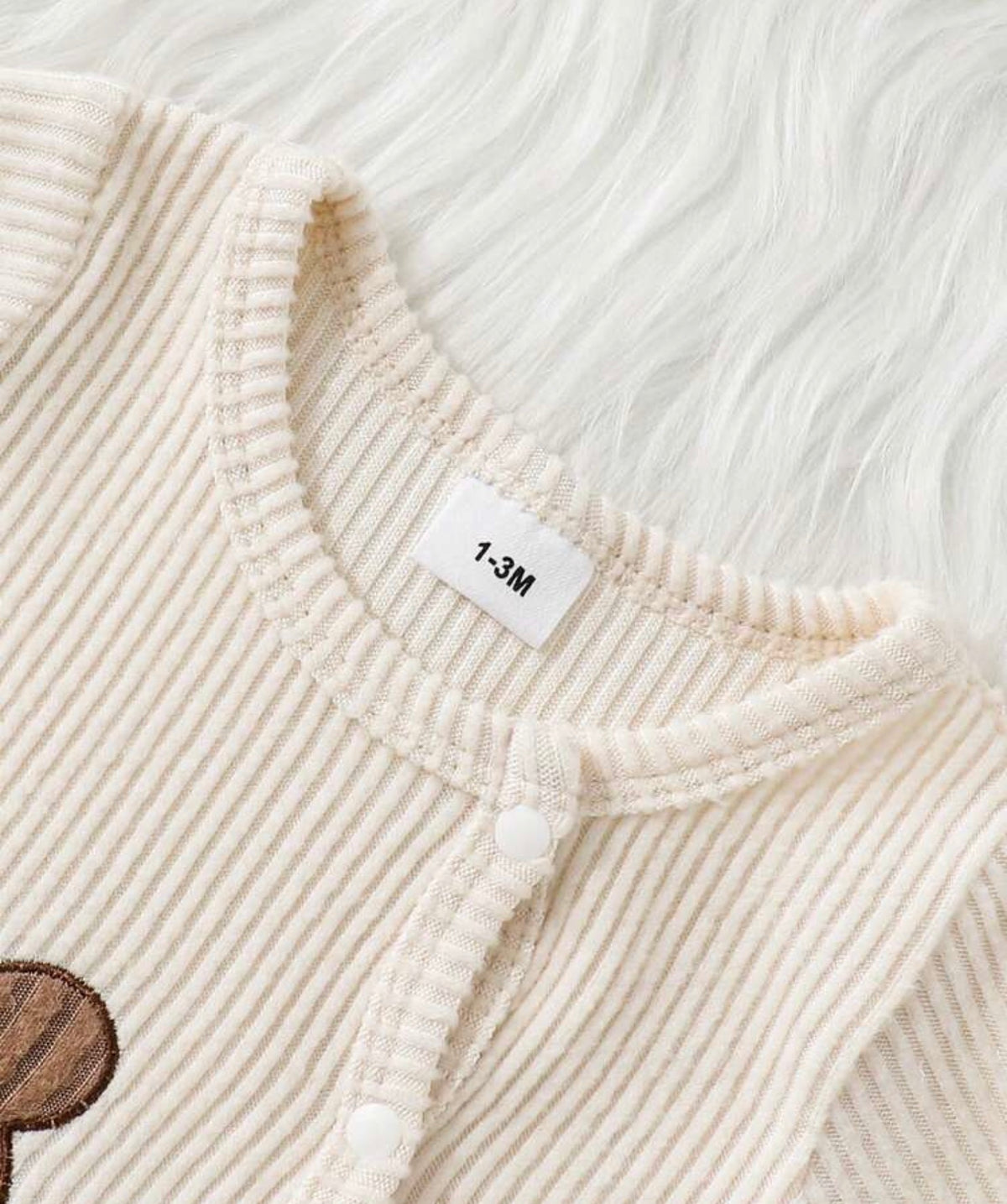 Newborn Baby Boy Apricot Bear Applique Embroidered Long Sleeve Footed Romper