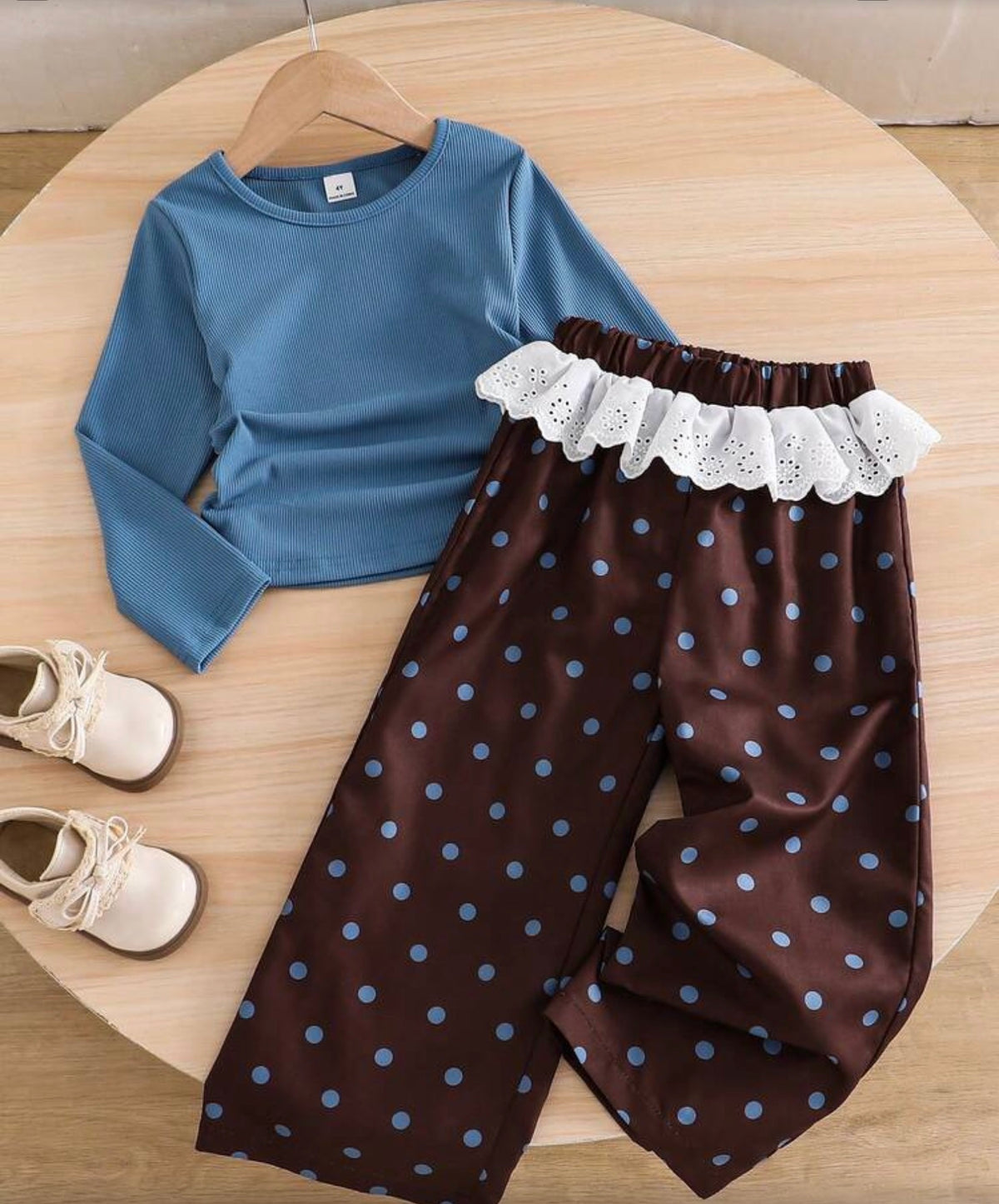 Ruched Waist Long Sleeve Top With Polka Dot Wide Leg Pants,