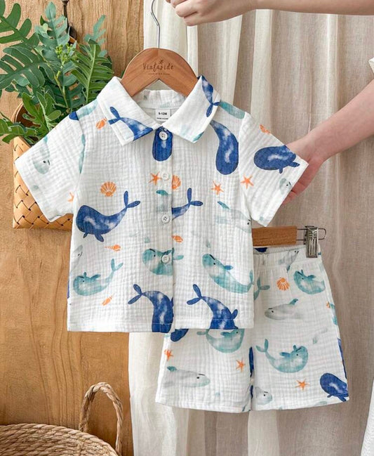 Dolphin Print Short Sleeve Button-Down Shirt And Shorts