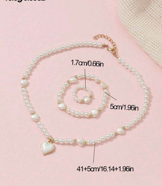 3pcs/Set Girls Pearl Beaded Oil Drop Heart Necklace, Bracelet And Ring Set