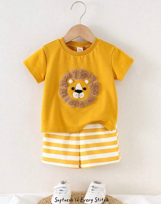 Cartoon Bear Pattern Knit Soft Crew Neck Short Sleeve Top And Striped Shorts