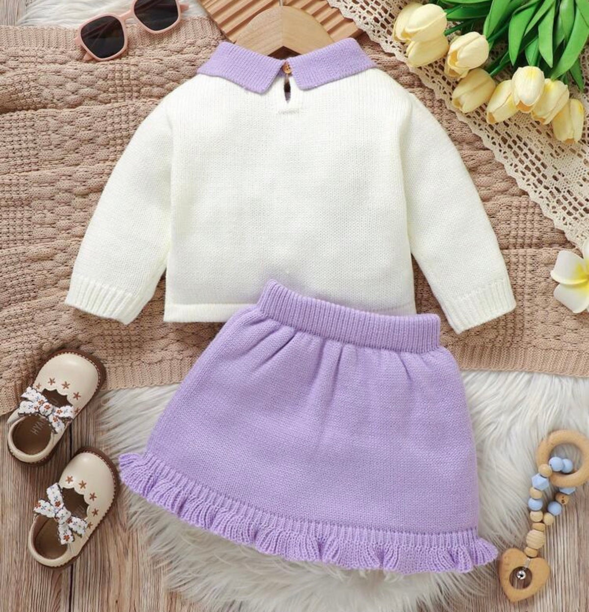 White Floral Purple Sweater Set,Long Sleeve Top With 3D Flower Pleated Skirt