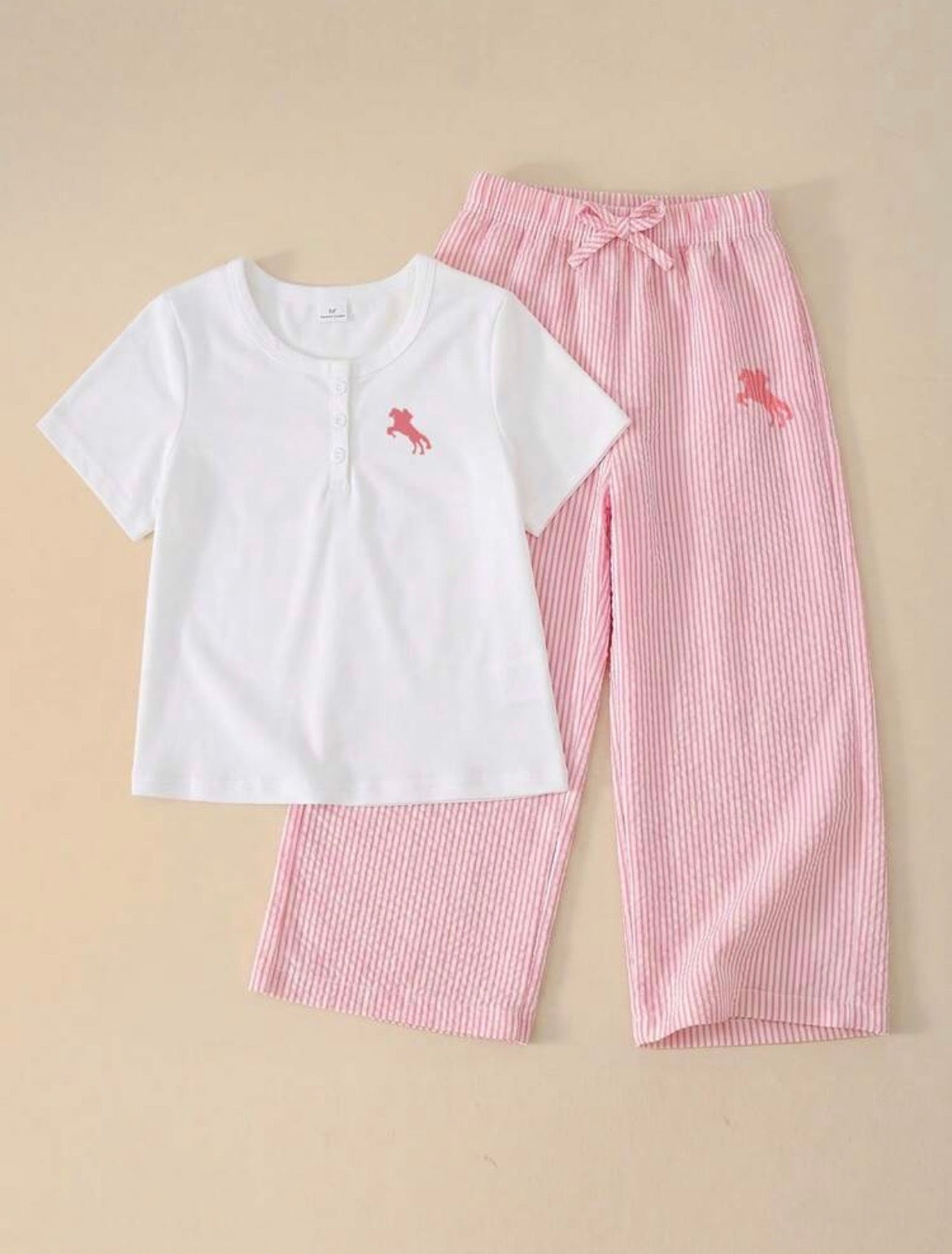 2pcs/Set Horse Print Round Neck Short Sleeve T-Shirt,Striped Straight Leg Pants