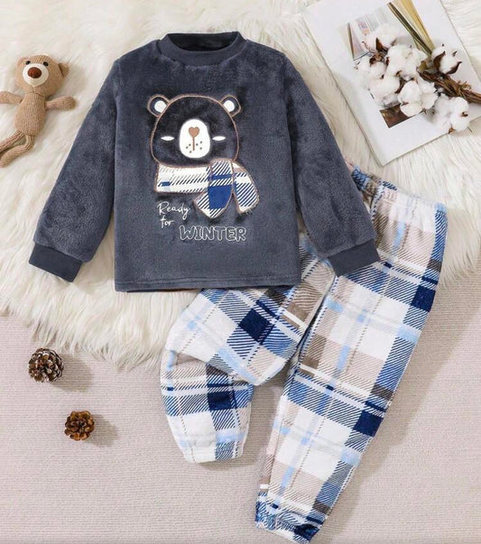 Brown Cartoon Bear Pattern Fleece Long Sleeve Top And Pants Homewear winter