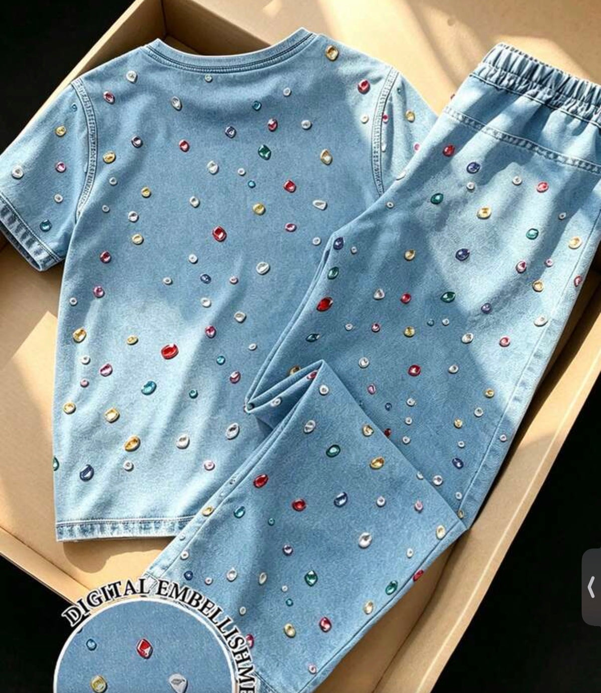 2pcs/Set Denim Effect Colorful Sequin Denim Short Sleeve T-Shirt + Long Pants