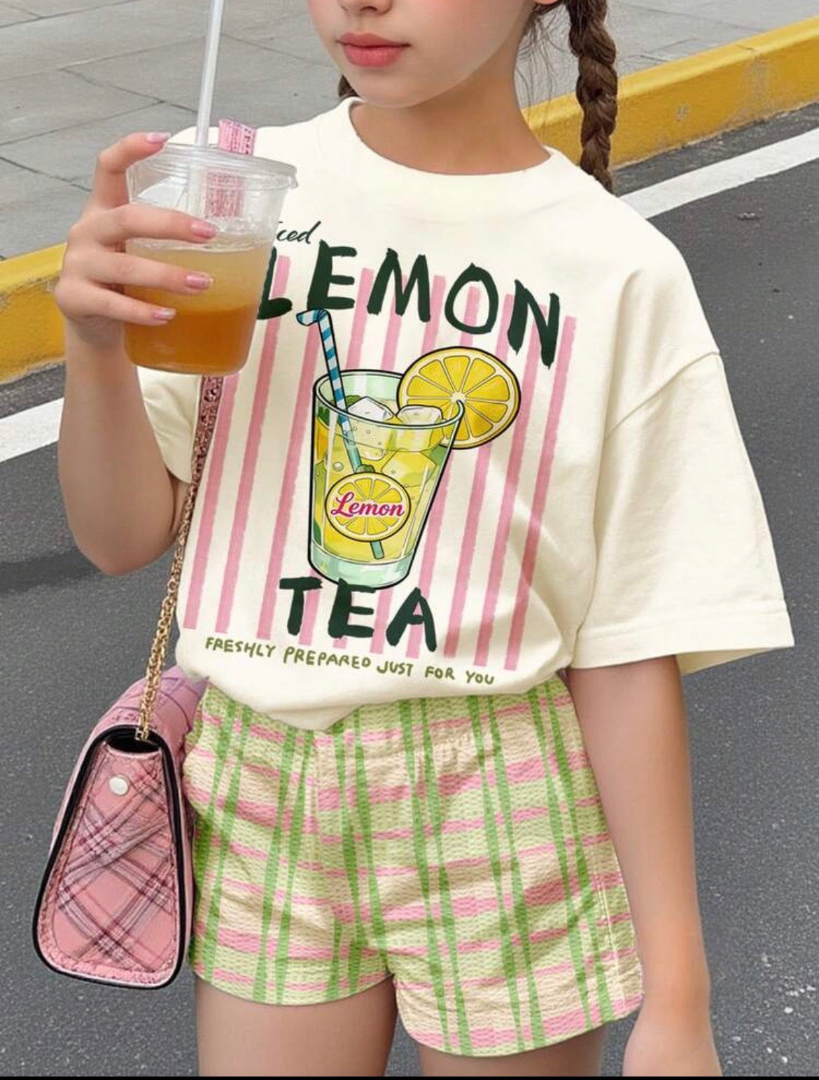Lemon Tea Print Short Sleeve T-Shirt And Colorblock Plaid Shorts