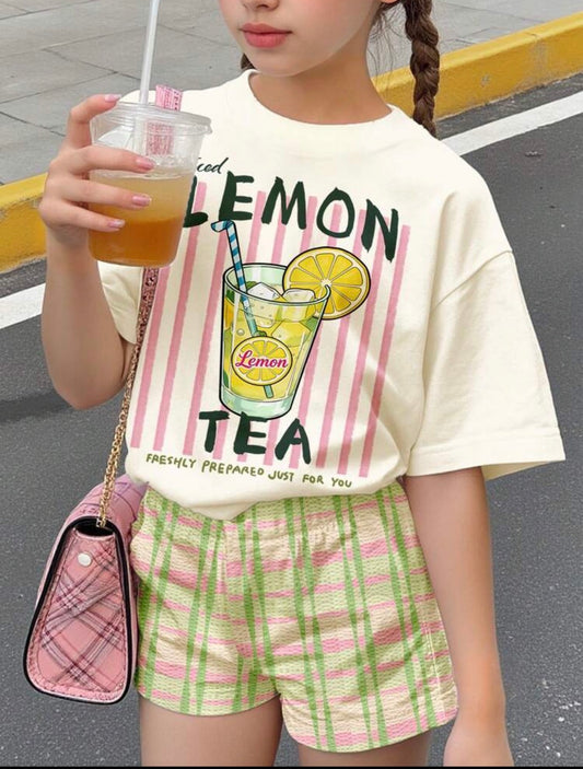 Lemon Tea Print Short Sleeve T-Shirt And Colorblock Plaid Shorts