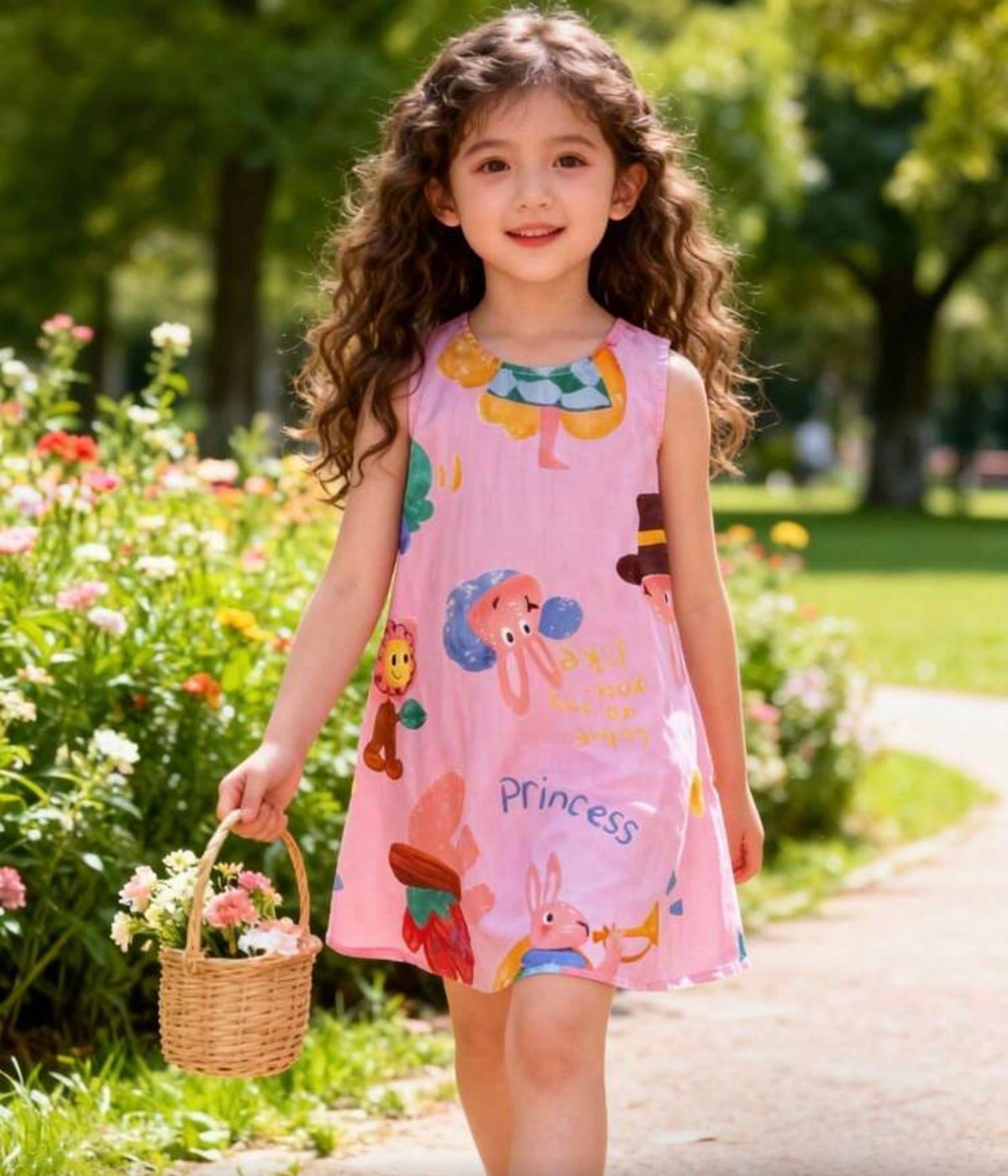 [100% Cotton] Sleeveless Cotton Cartoon Print A-Line Dress