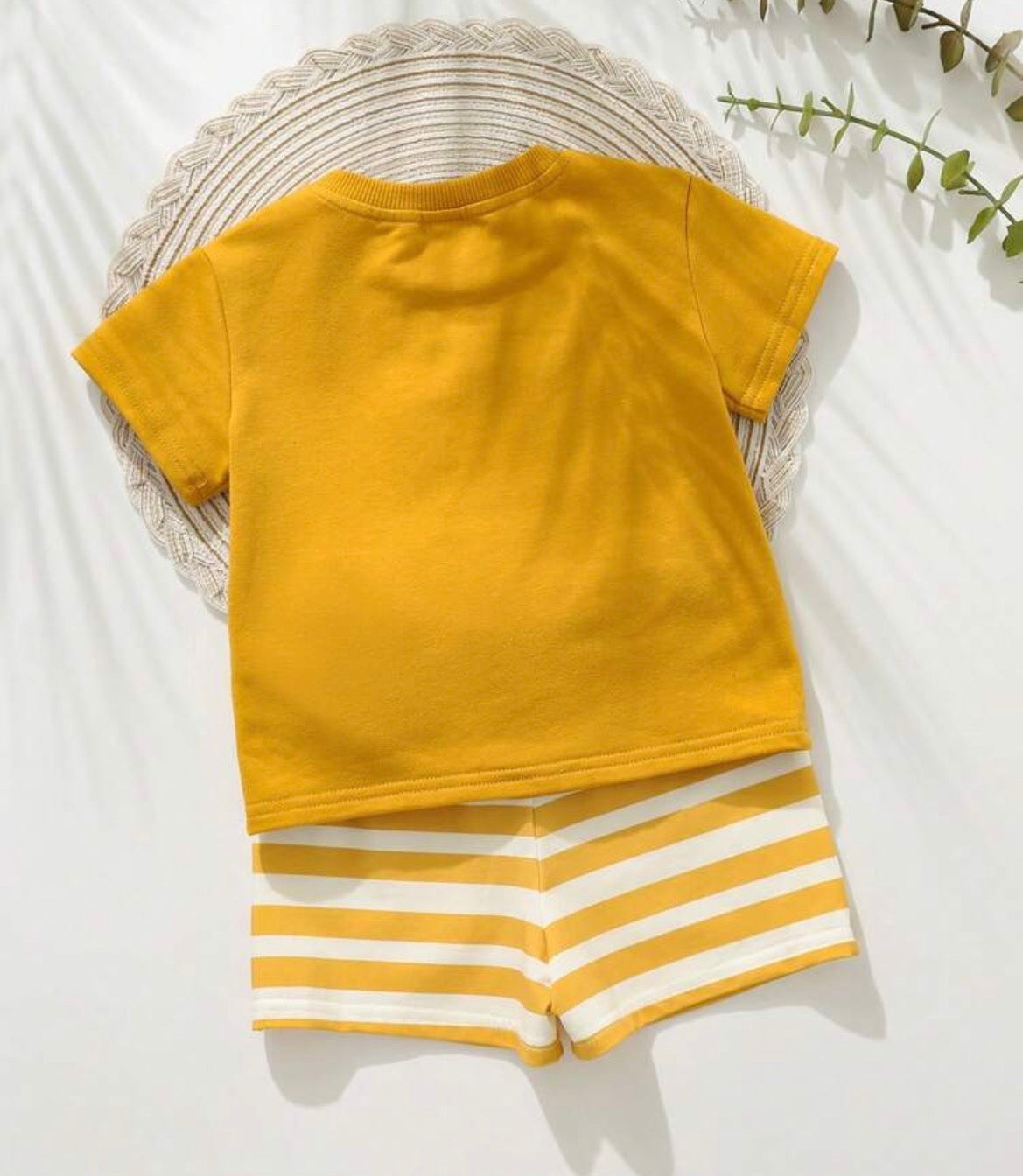 Cartoon Bear Pattern Knit Soft Crew Neck Short Sleeve Top And Striped Shorts