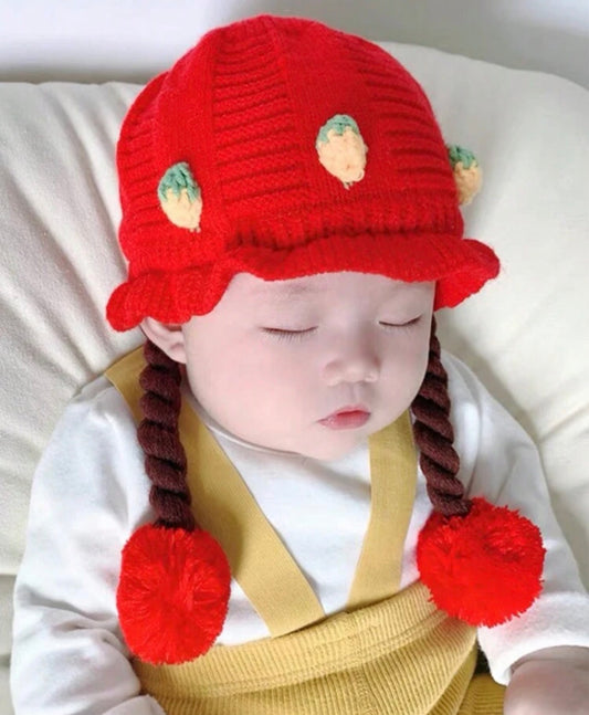 1pc Cute Strawberry Baby Hat With Faux Fur, Ear Flaps And Pom Pom