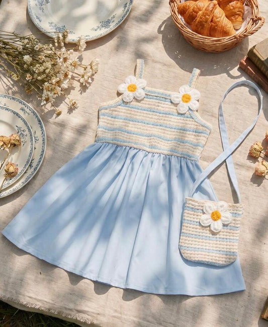 Blue And White Stripe Spaghetti Strap Dress With Matching Mini Crossbody Bag