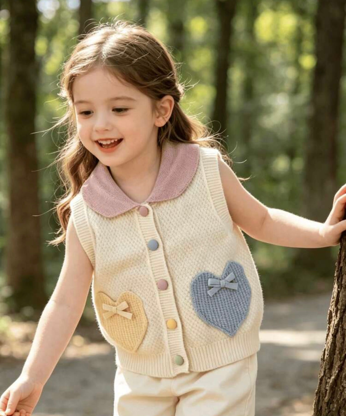 Handmade Bow Decor Multi-Color Pocket Button Knitted Cardigan Vest Winter