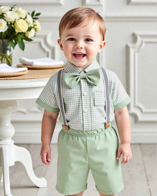 4pcs Sage Green With Short Sleeve Shirt,Shorts,Bow