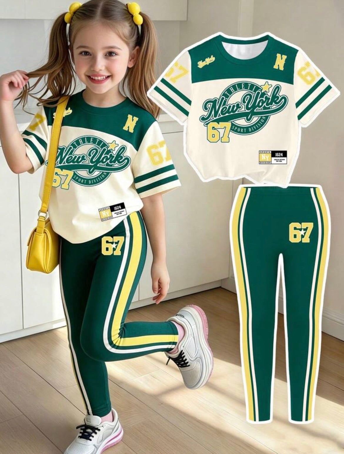 New York 67 Badge Stripe Green Yellow Color Block Letter Slogan Graphic Print Short T-Shirt And Leggings Set