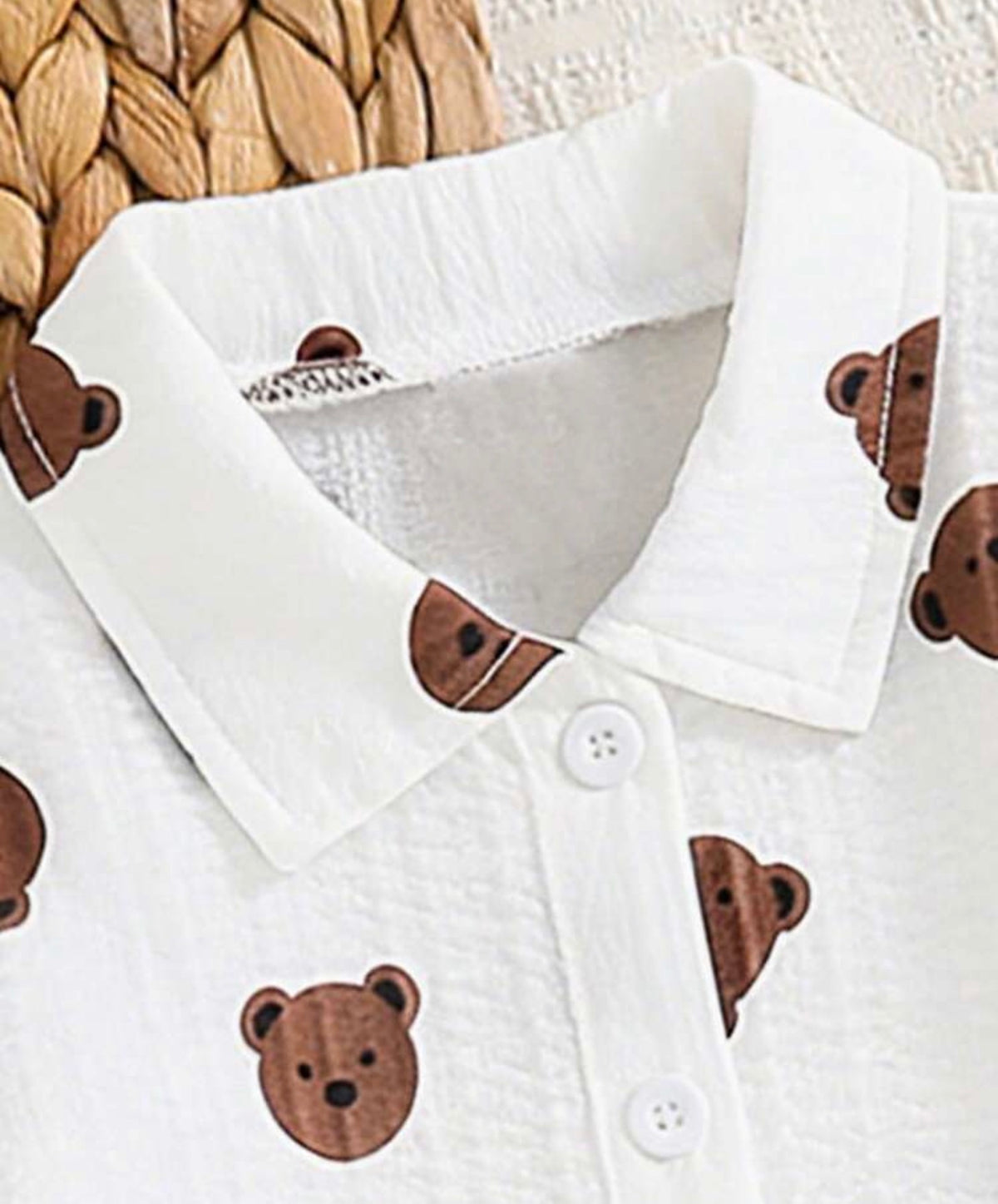 2pcs/Set Bear Pattern Collared Shirt Top + Elastic Waist Shorts,