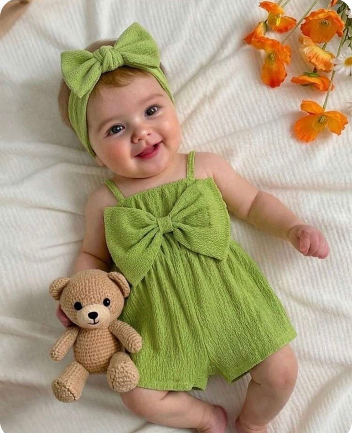 Lime Green Romper,Textured Bow Strap 1-Piece