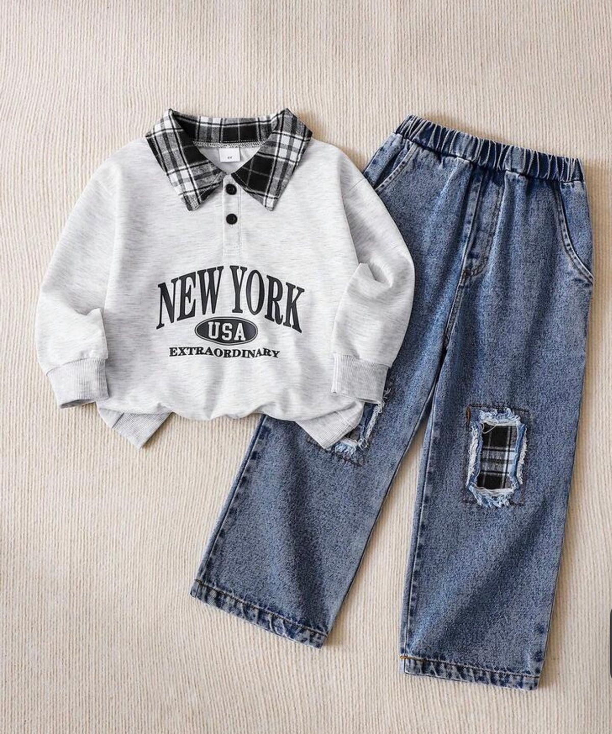 Winter Polo Collar Letter Print Pattern Long Sleeve Drop Shoulder Polo Shirt And Distressed Patchwork Plaid Elastic Waist Straight Leg Denim Pants Set