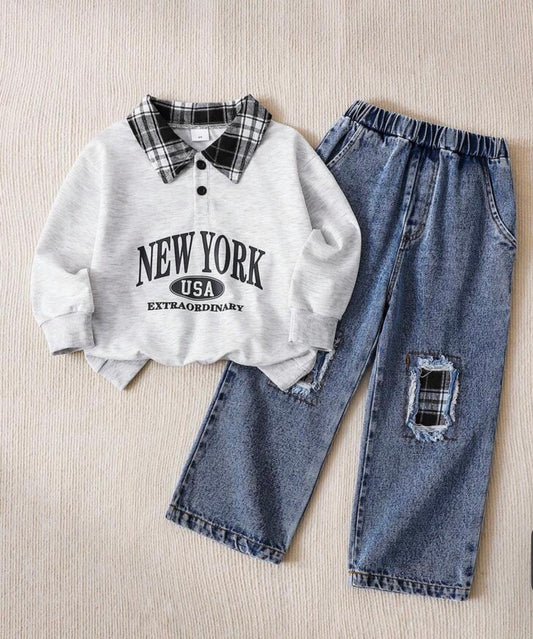 Winter Polo Collar Letter Print Pattern Long Sleeve Drop Shoulder Polo Shirt And Distressed Patchwork Plaid Elastic Waist Straight Leg Denim Pants Set