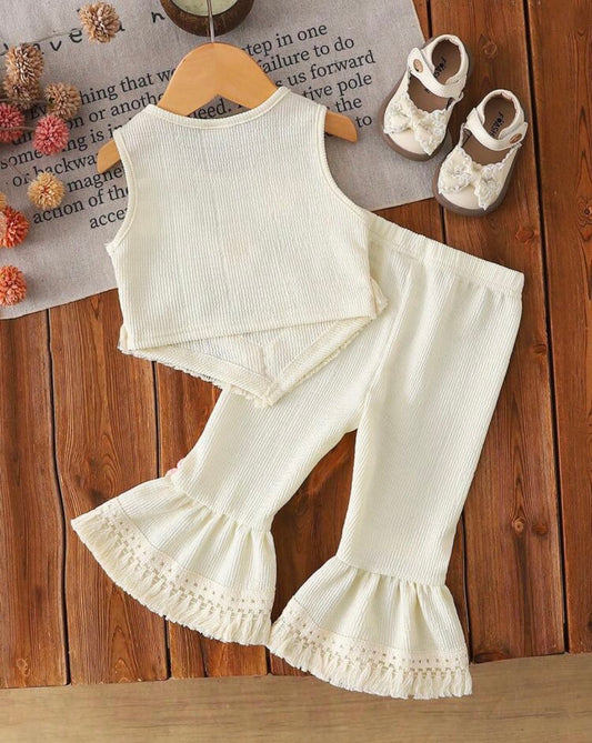 2pcs Floral Applique Hem Fringe Top And Bell Bottom Pants