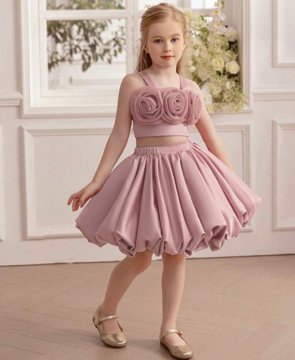 2pcs/Set Floral Embroidered Pink Spaghetti Strap Dress