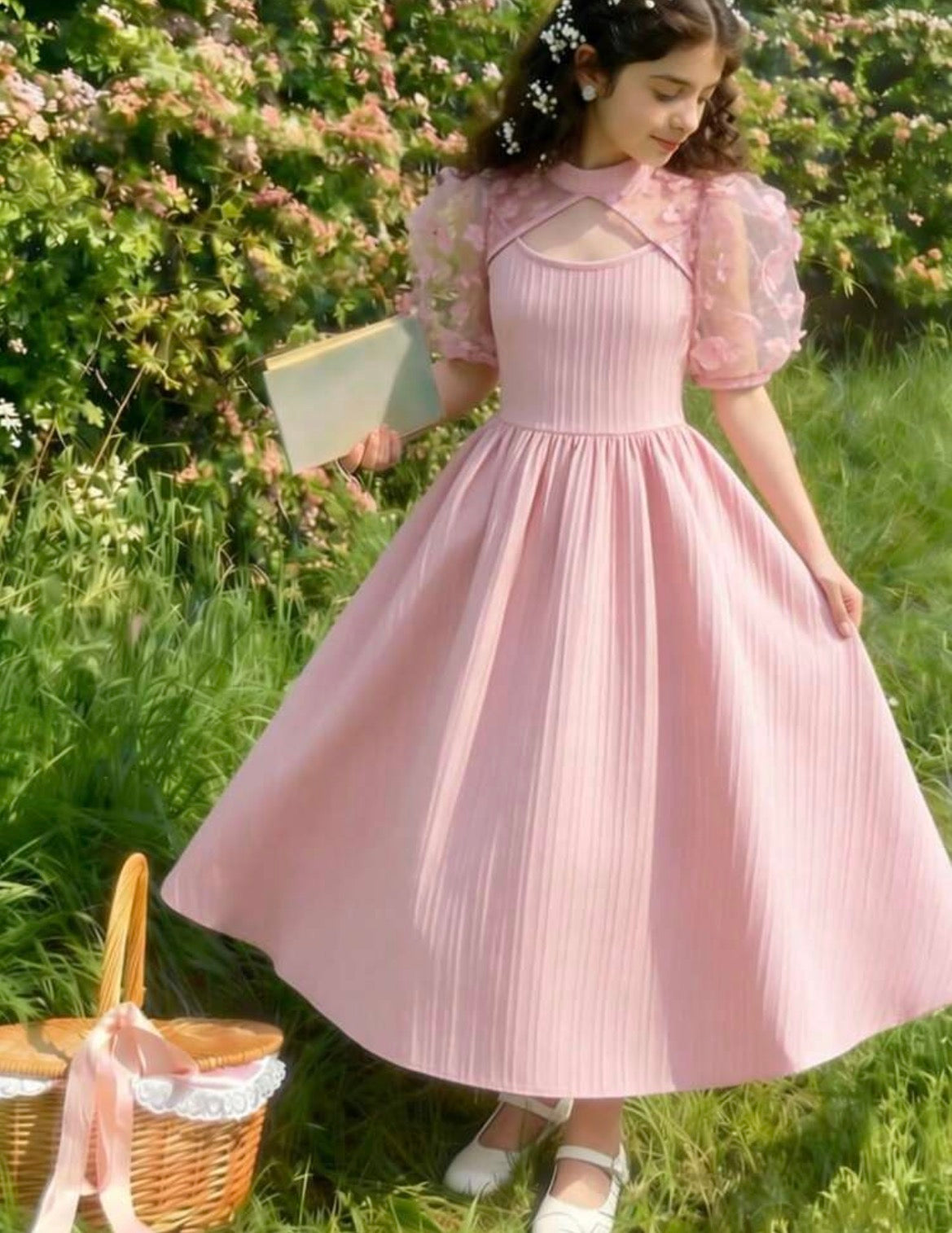 Pink Textured  Dress With Pearl Beaded Sleeves, Hollow Bowknot Decor