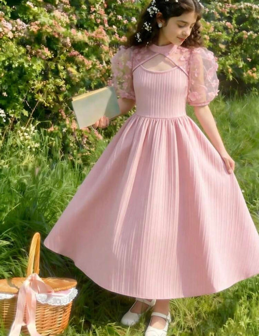 Pink Textured  Dress With Pearl Beaded Sleeves, Hollow Bowknot Decor