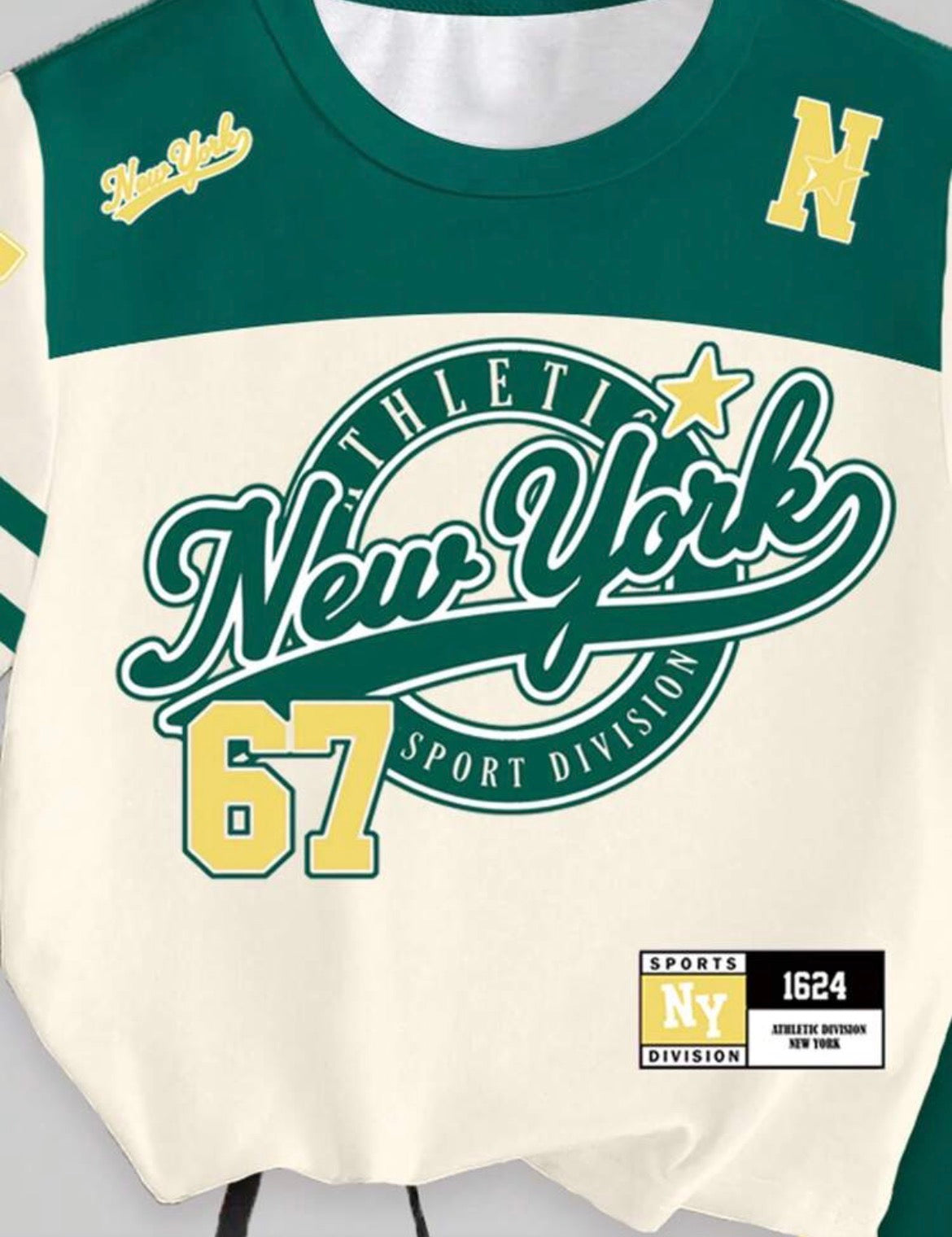 New York 67 Badge Stripe Green Yellow Color Block Letter Slogan Graphic Print Short T-Shirt And Leggings Set