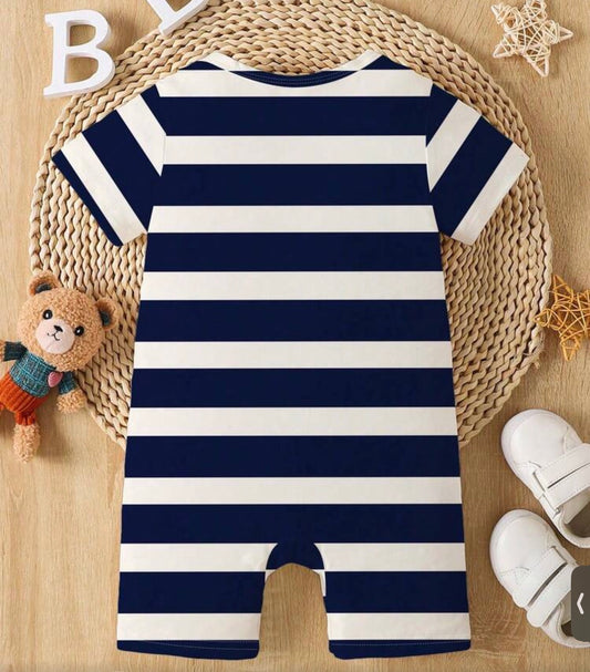 Baby Boy Striped Bear Print Short Sleeve Romper