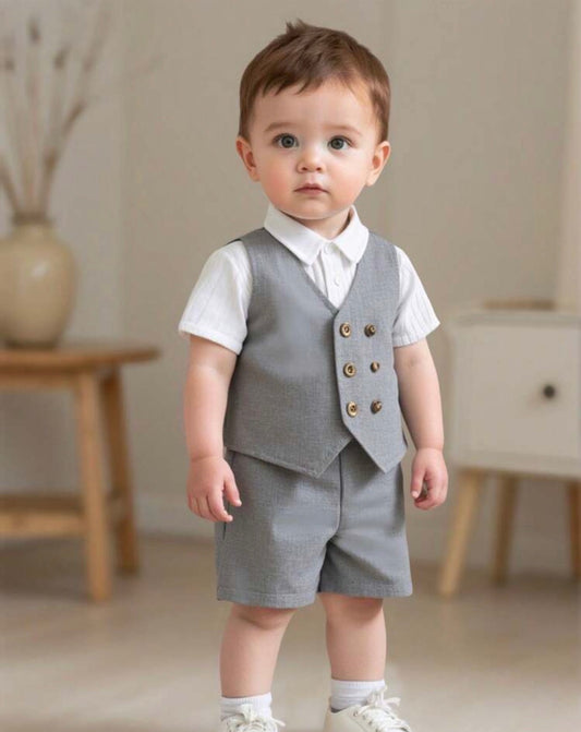 Korean Grey Double-Breasted Vest And Shorts Set