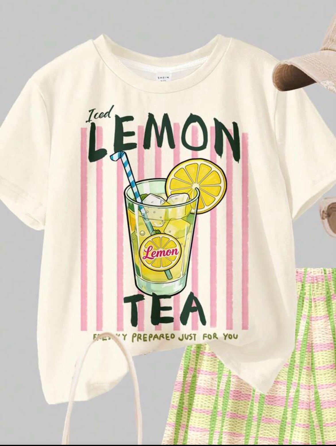 Lemon Tea Print Short Sleeve T-Shirt And Colorblock Plaid Shorts
