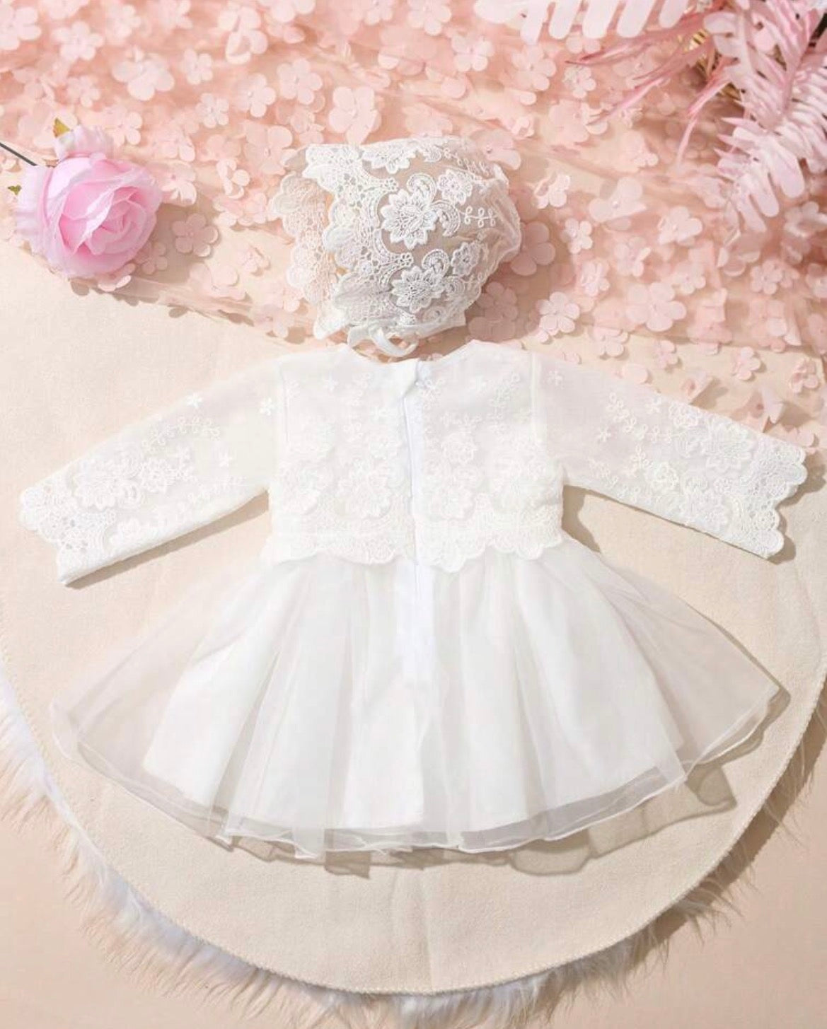 White Lace Dress,2 Pieces Puff-Sleeve Mesh Round Neck Fitted Christening Gown & Hat