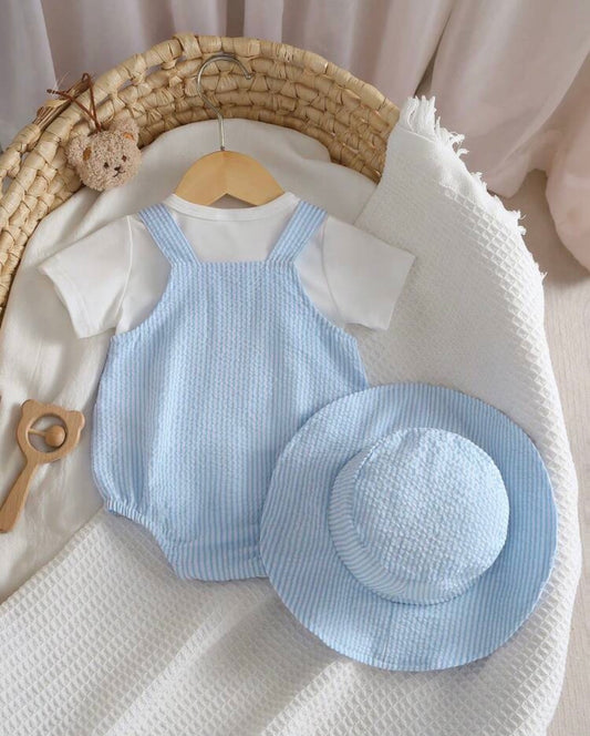 Newborn Baby Cute And Refreshing Round-Neck Short-Sleeved T-Shirt Top And Blue And White Striped Backless Bodysuit With A Hat