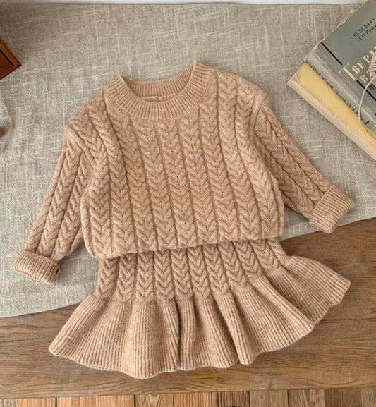 2pcs/Set Khaki Long Sleeve Sweater & Elastic Waist Ruffle Hem Skirt, Autumn/Winter