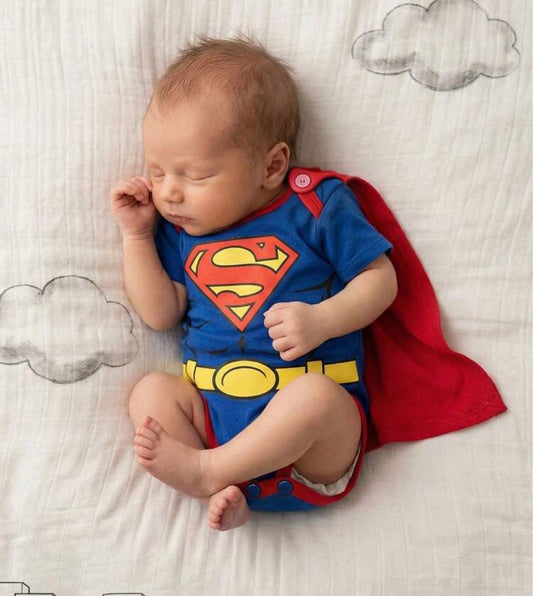 2pcs Set: Superhero Pattern Contrast Color Soft Knit Romper Shawl