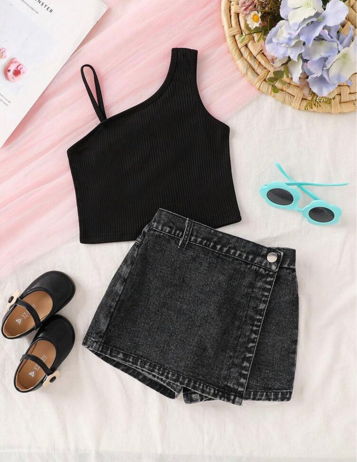 Modest Solid Color Asymmetric Neck Camisole And Wrap Skirt Shorts Beach Black