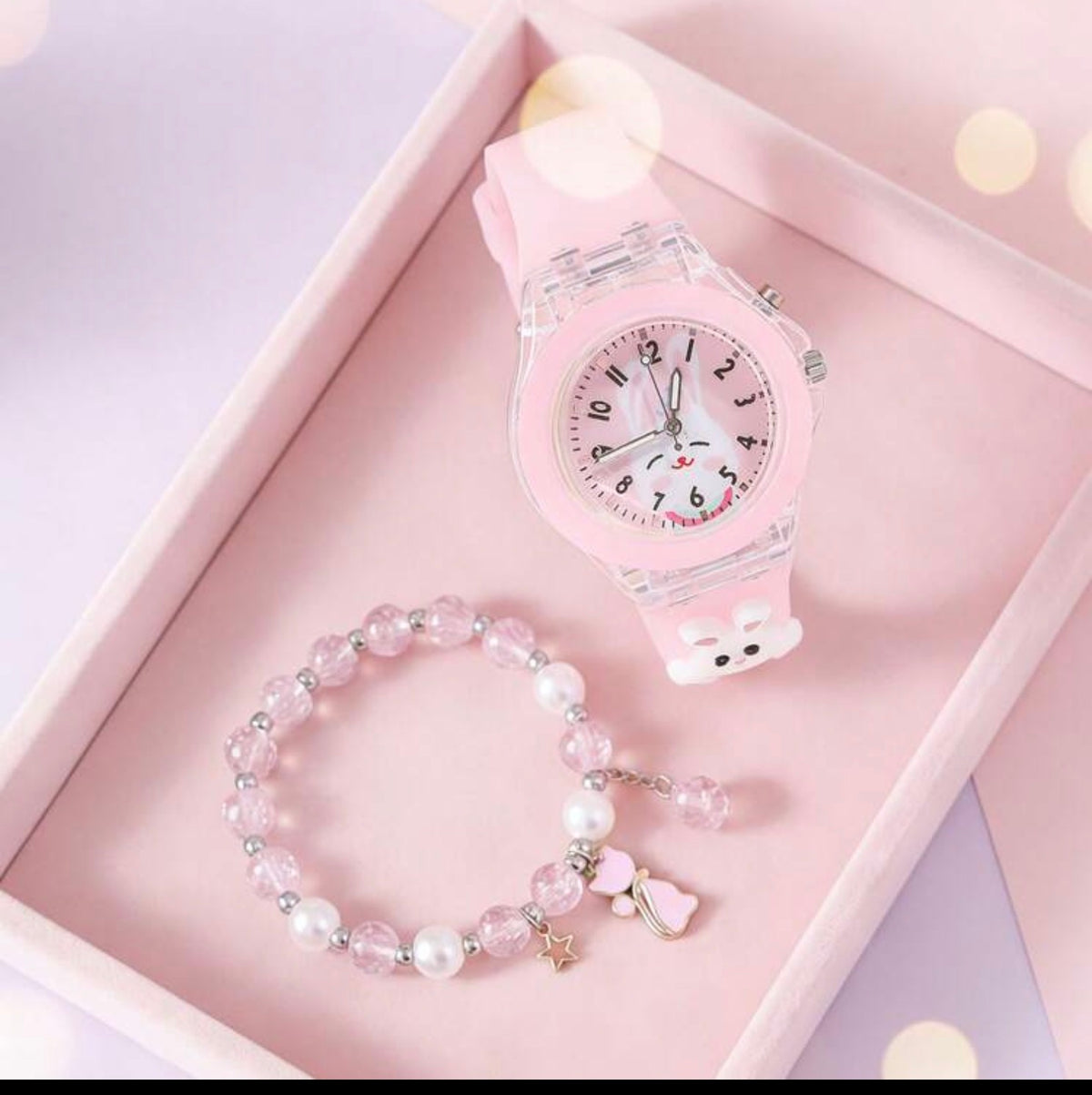 2pcs/Set Girls Glowing Watch, Cartoon Rabbit Quartz Watch And Beaded Cat Chain (No Box)