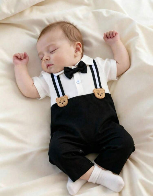 Romper Black And White With Bear & Bow Tie