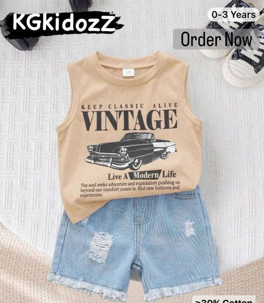 2pcs Baby Boy Summer Casual Street Chic Car Graphic Tank Top And Denim Shorts Set