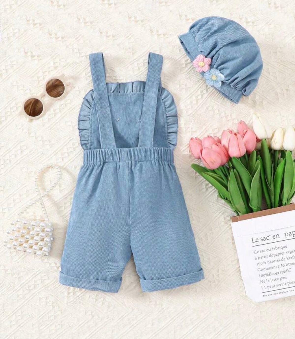 Wide Strap Floral Embroidered Romper With Pockets, Matched With Cap